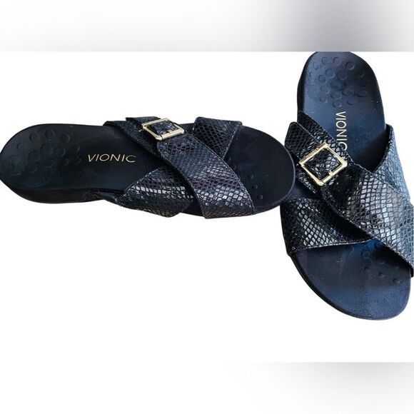 Vionic Sandal Dorie Size 9, Black Leather Snake Print Slide On Sandal w/buckle - Picture 5 of 6
